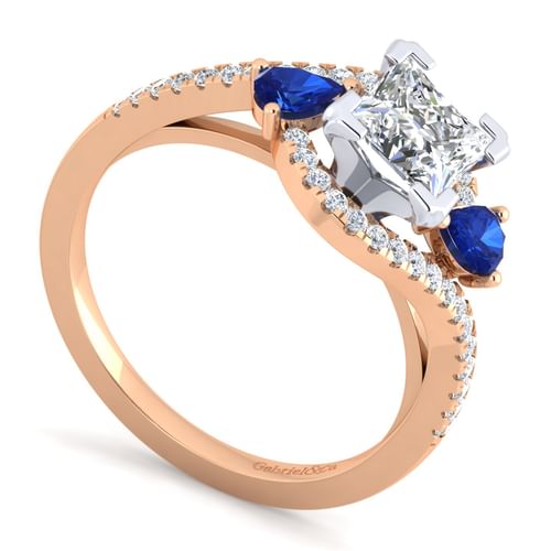 14K White-Rose Gold Princess Cut Three Stone Sapphire and Diamond Engagement Ring