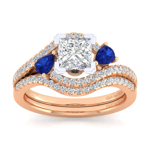 14K White-Rose Gold Princess Cut Three Stone Sapphire and Diamond Engagement Ring