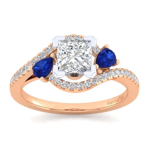 14K White-Rose Gold Princess Cut Three Stone Sapphire and Diamond Engagement Ring