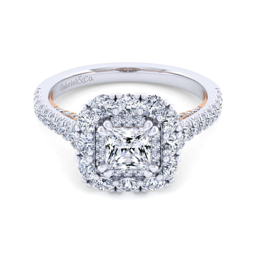 14K White-Rose Gold Princess Double Halo Diamond Engagement Ring 14K White-Rose Gold Princess Double Halo Diamond Engagement Ring