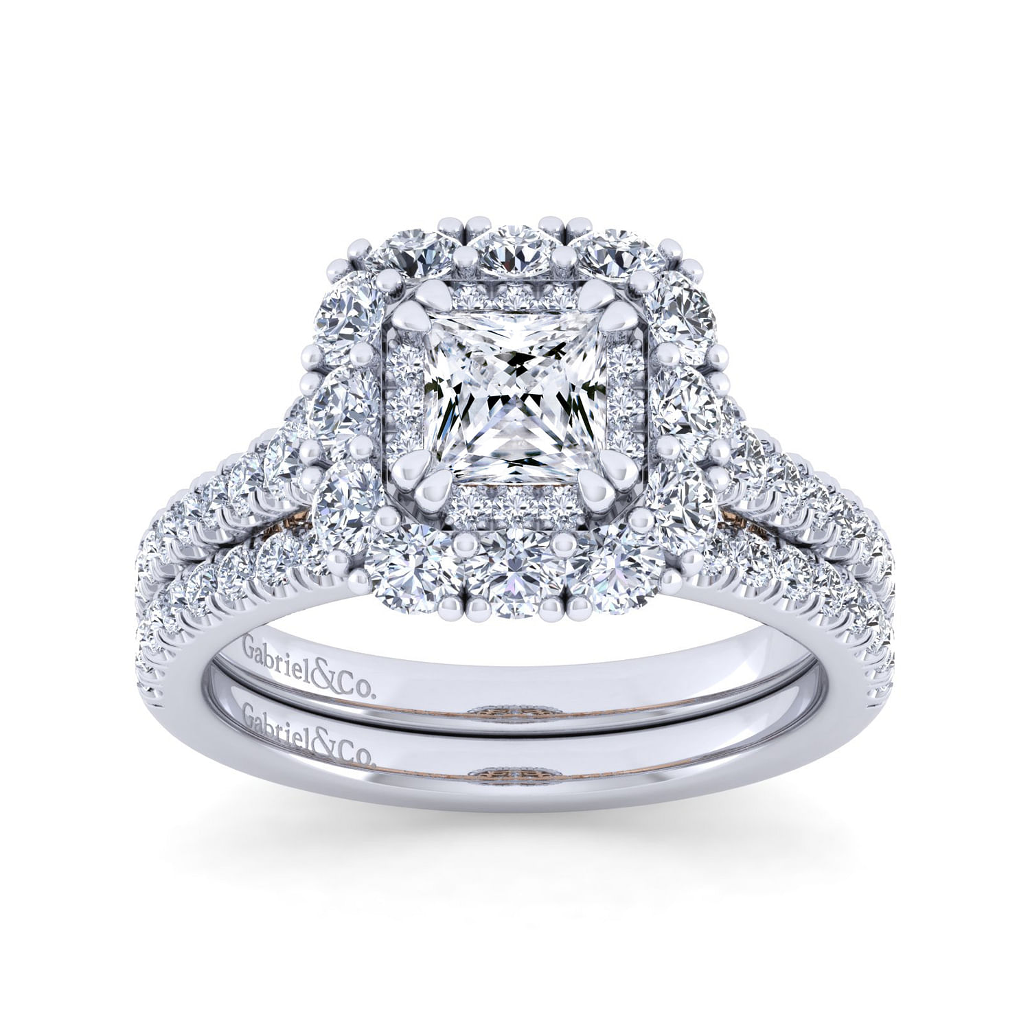 14K White-Rose Gold Princess Double Halo Diamond Engagement Ring