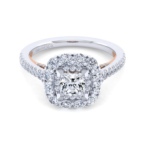 14K White-Rose Gold Princess Double Halo Diamond Engagement Ring