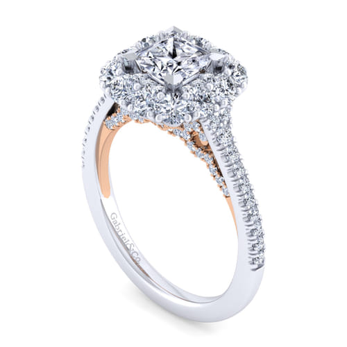 14K White-Rose Gold Princess Double Halo Diamond Engagement Ring