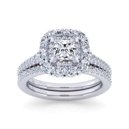 14K White-Rose Gold Princess Double Halo Diamond Engagement Ring