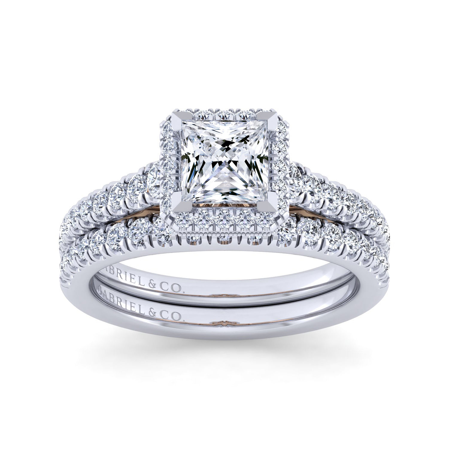 14K White-Rose Gold Princess Halo Complete Diamond Engagement Ring
