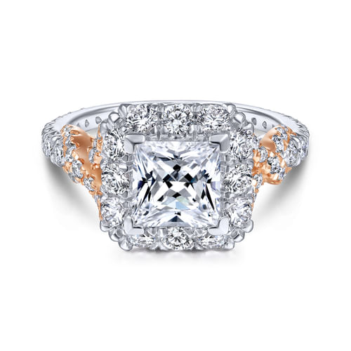 14K White-Rose Gold Princess Halo Diamond Engagement Ring