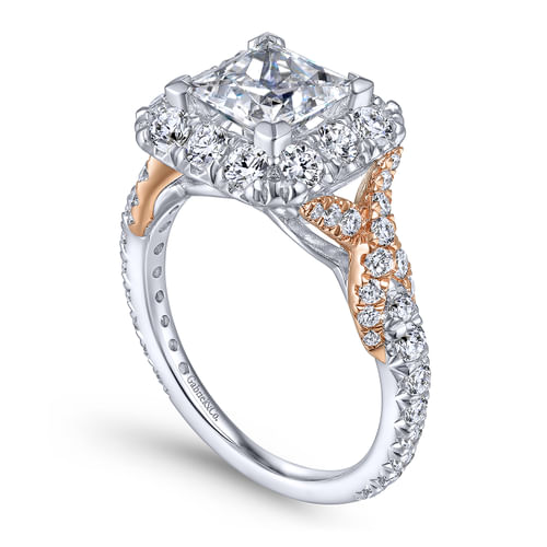 14K White-Rose Gold Princess Halo Diamond Engagement Ring