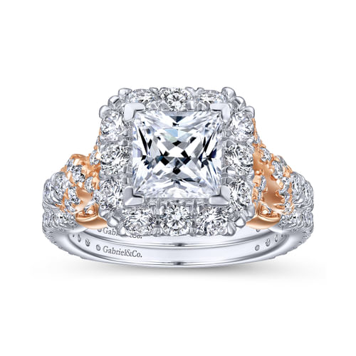 14K White-Rose Gold Princess Halo Diamond Engagement Ring