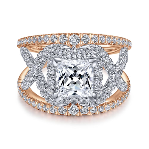 14K White-Rose Gold Princess Halo Diamond Engagement Ring