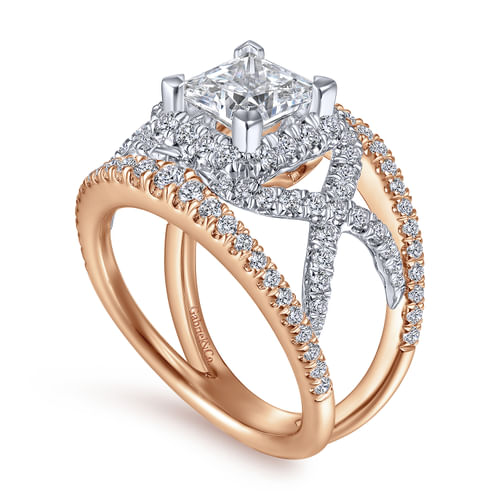 14K White-Rose Gold Princess Halo Diamond Engagement Ring
