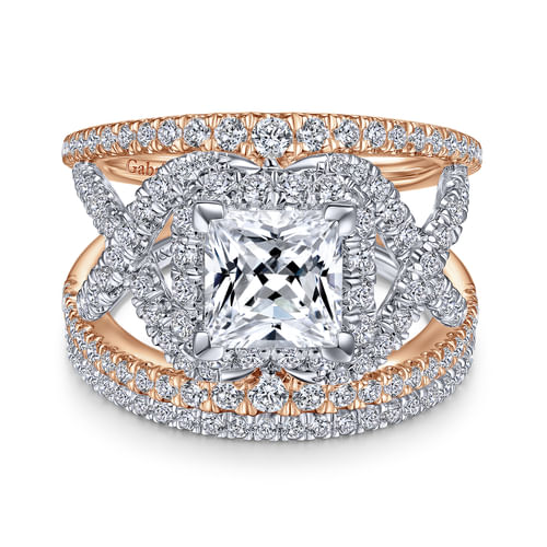 14K White-Rose Gold Princess Halo Diamond Engagement Ring