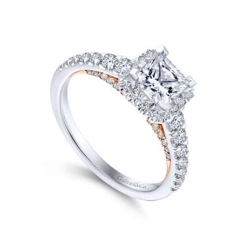 14K White-Rose Gold Princess Halo Diamond Engagement Ring