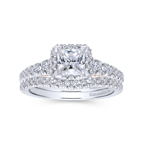 14K White-Rose Gold Princess Halo Diamond Engagement Ring