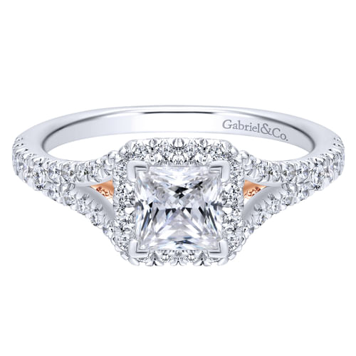 14K White-Rose Gold Princess Halo Diamond Engagement Ring