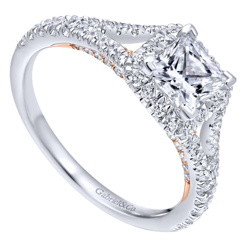14K White-Rose Gold Princess Halo Diamond Engagement Ring