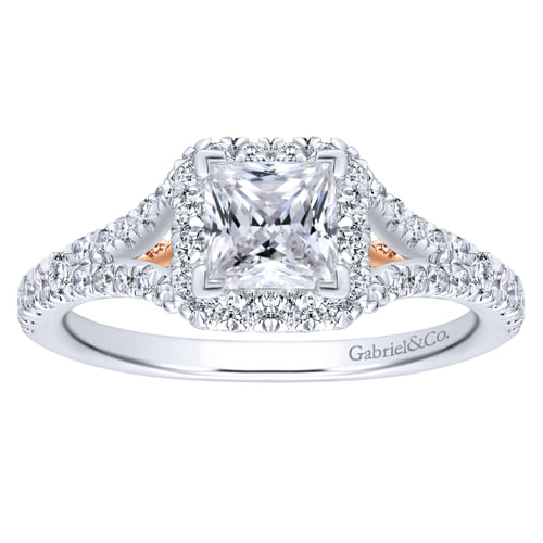 14K White-Rose Gold Princess Halo Diamond Engagement Ring