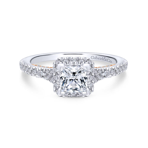 14K White-Rose Gold Princess Halo Diamond Engagement Ring