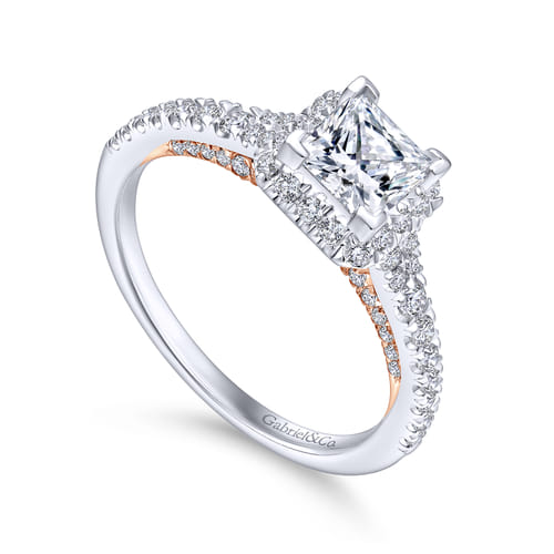 14K White-Rose Gold Princess Halo Diamond Engagement Ring