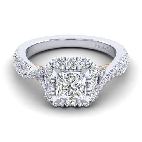 14K White-Rose Gold Princess Halo Diamond Engagement Ring