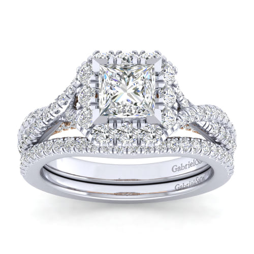 14K White-Rose Gold Princess Halo Diamond Engagement Ring