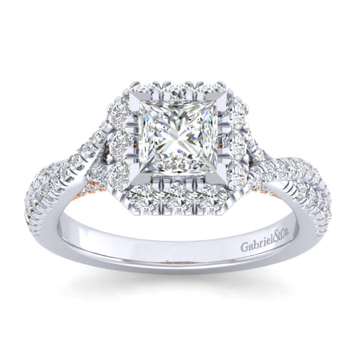 14K White-Rose Gold Princess Halo Diamond Engagement Ring