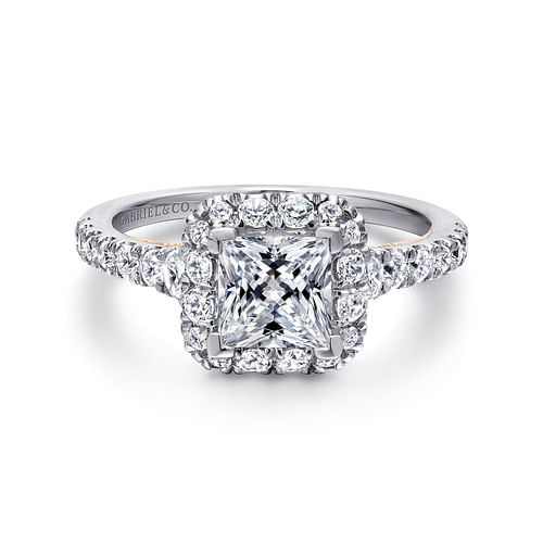 14K White-Rose Gold Princess Halo Diamond Engagement Ring