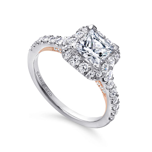 14K White-Rose Gold Princess Halo Diamond Engagement Ring