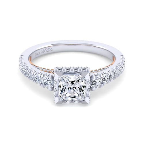 14K White-Rose Gold Princess Hidden Halo Diamond Engagement Ring