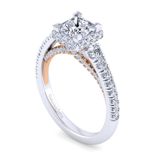 14K White-Rose Gold Princess Hidden Halo Diamond Engagement Ring