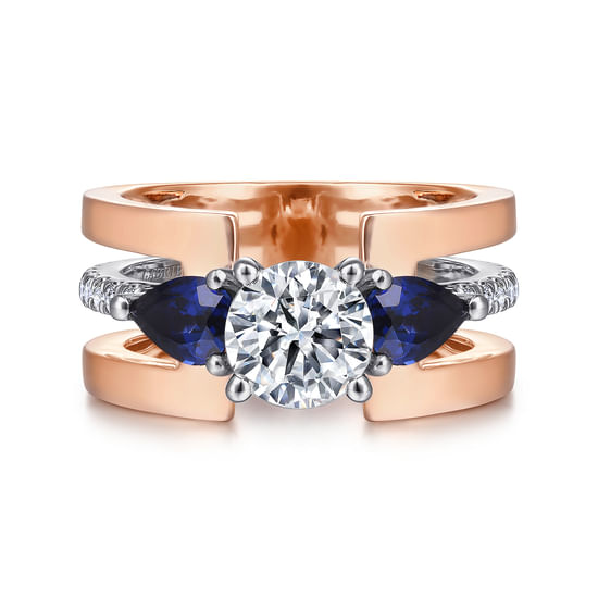Gabriel - 14K White-Rose Gold Round 3 Stone Sapphire and Diamond Engagement Ring