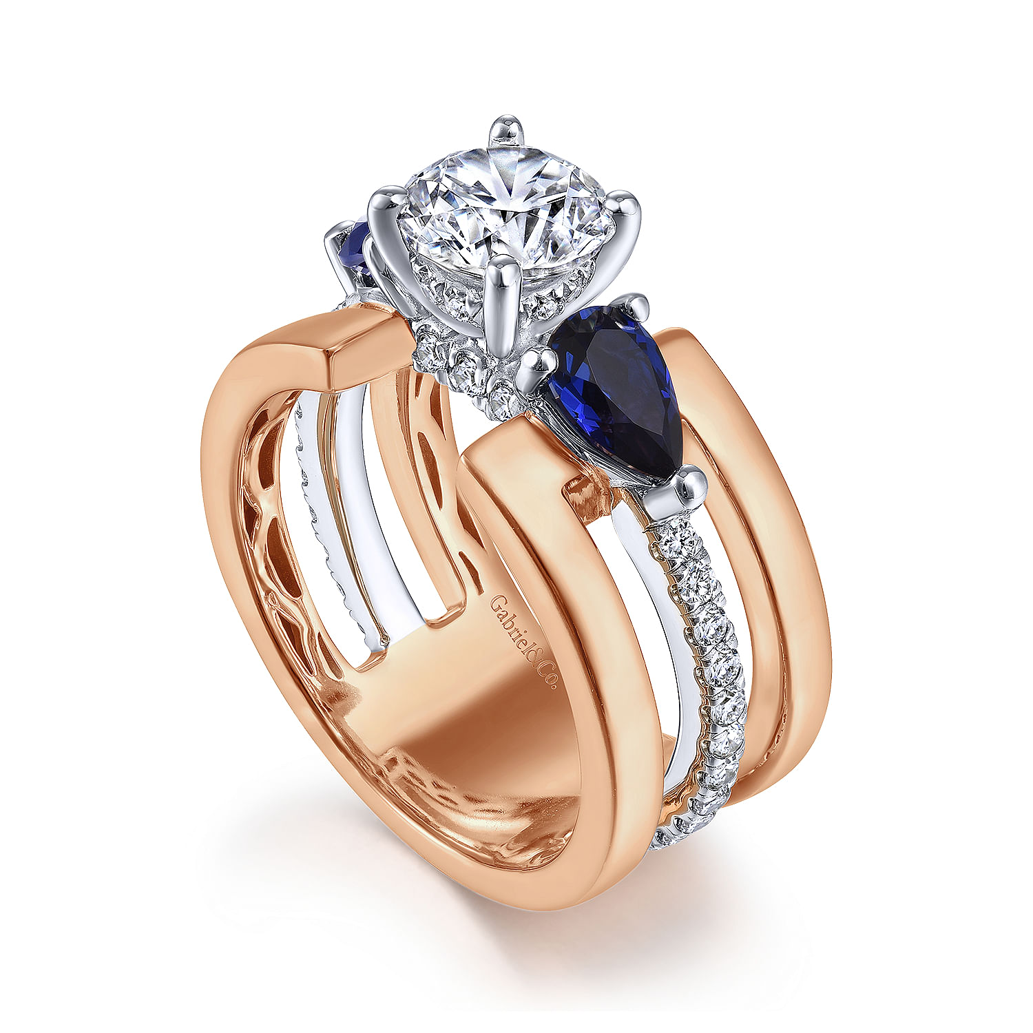14K White-Rose Gold Round 3 Stone Sapphire and Diamond Engagement Ring
