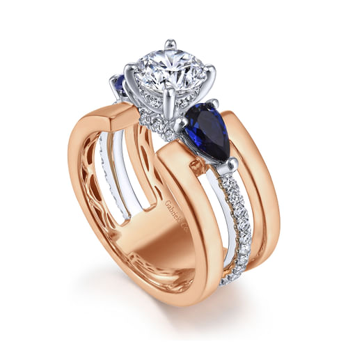 14K White-Rose Gold Round 3 Stone Sapphire and Diamond Engagement Ring