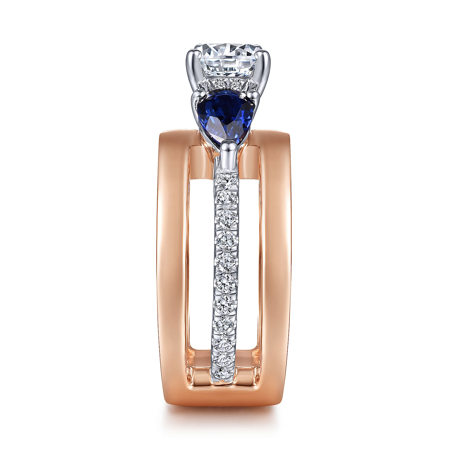 14K White-Rose Gold Round 3 Stone Sapphire and Diamond Engagement Ring