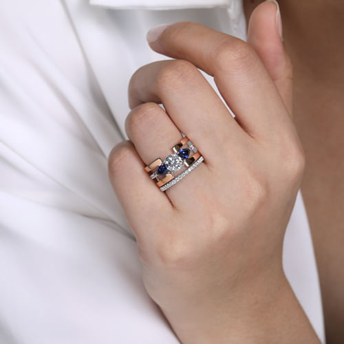 14K White-Rose Gold Round 3 Stone Sapphire and Diamond Engagement Ring