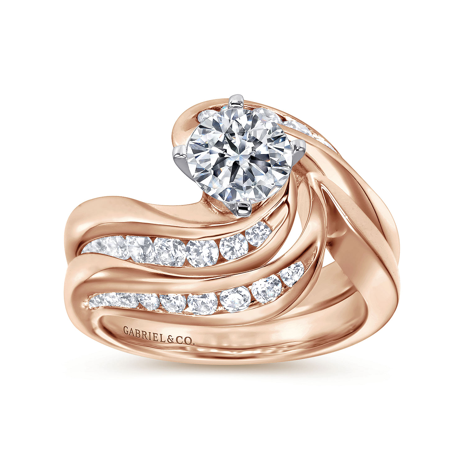 14K White-Rose Gold Round Diamond Bypass Channel Set Engagement Ring