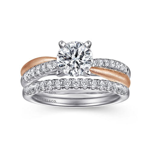 14K White-Rose Gold Round Diamond Criss Cross Engagement Ring