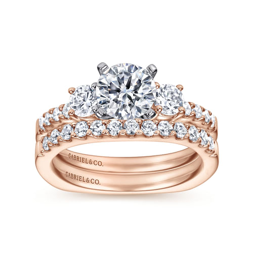 14K White-Rose Gold Round Diamond Three Stone Engagement Ring