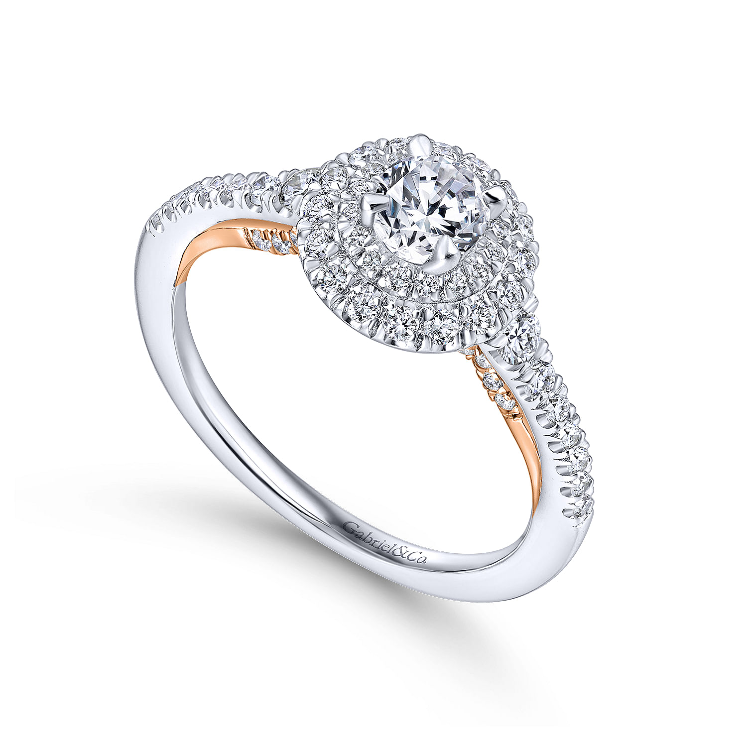 14K White-Rose Gold Round Double Halo Complete Diamond Engagement Ring