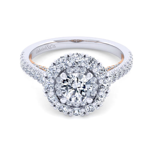 14K White-Rose Gold Round Double Halo Diamond Engagement Ring