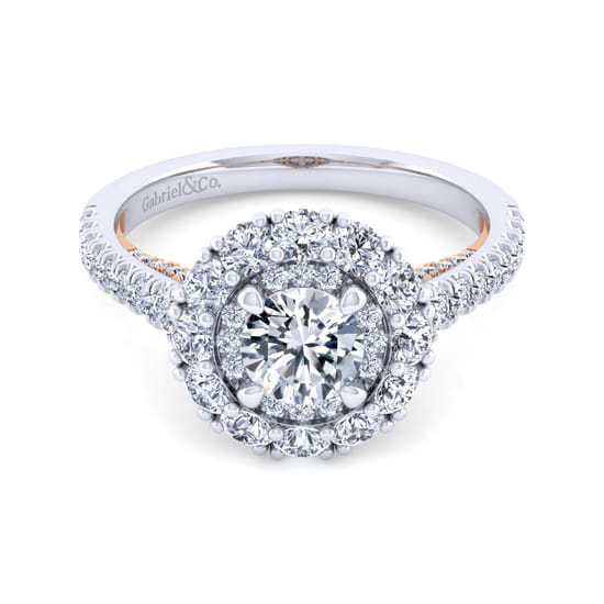 Gabriel - 14K White-Rose Gold Round Double Halo Diamond Engagement Ring