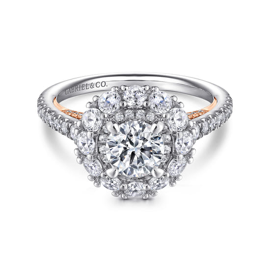 Gabriel - 14K White-Rose Gold Round Double Halo Diamond Engagement Ring