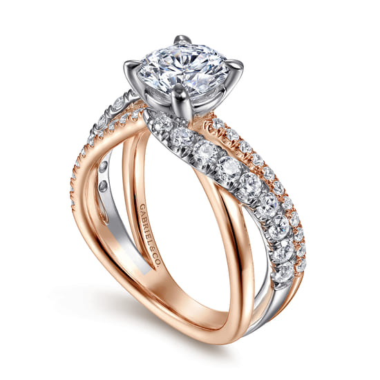 14K White-Rose Gold Round Free Form Diamond Engagement Ring angle 3