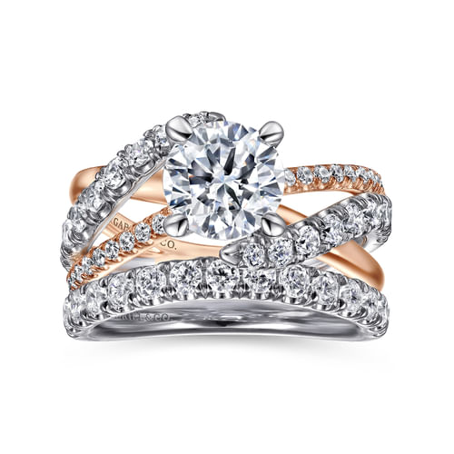 14K White-Rose Gold Round Free Form Diamond Engagement Ring