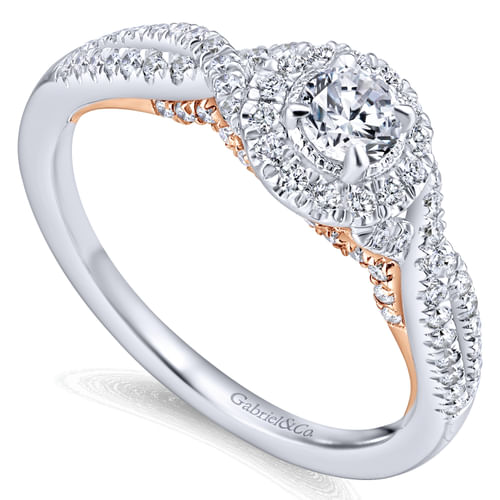 14K White-Rose Gold Round Halo Complete Diamond Engagement Ring