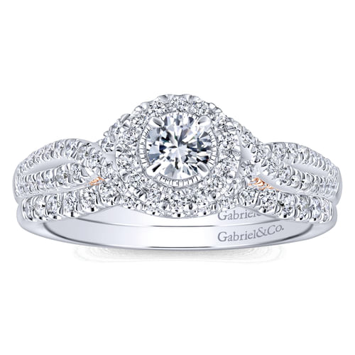 14K White-Rose Gold Round Halo Complete Diamond Engagement Ring