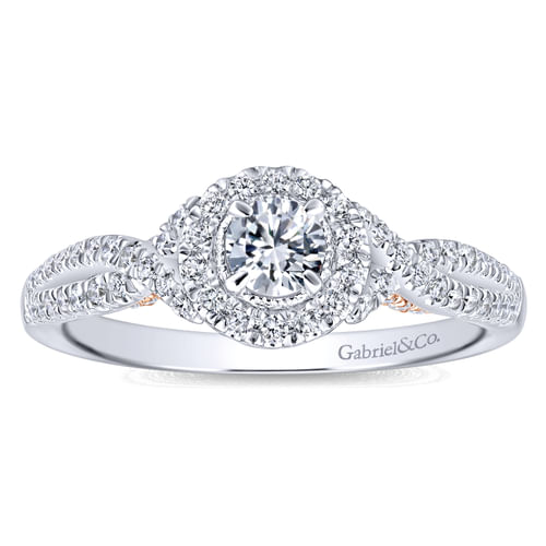 14K White-Rose Gold Round Halo Complete Diamond Engagement Ring