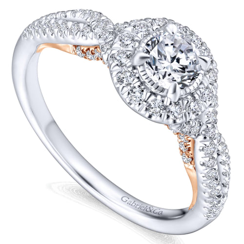14K White-Rose Gold Round Halo Complete Diamond Engagement Ring
