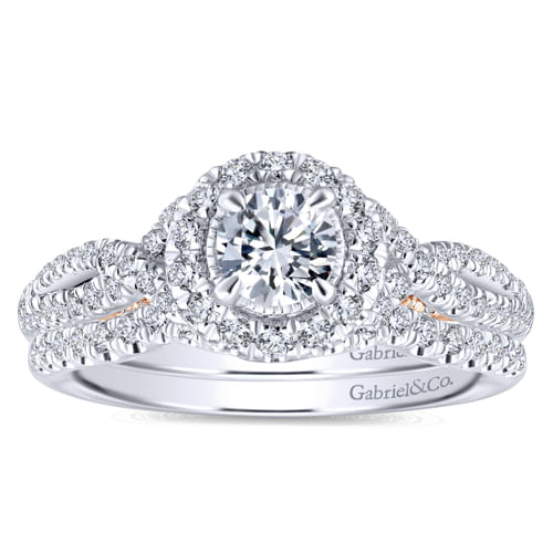 14K White-Rose Gold Round Halo Complete Diamond Engagement Ring