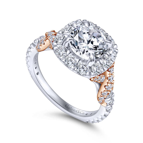 14K White-Rose Gold Round Halo Diamond Engagement Ring
