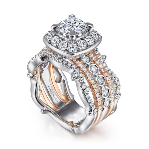 14K White-Rose Gold Round Halo Diamond Engagement Ring